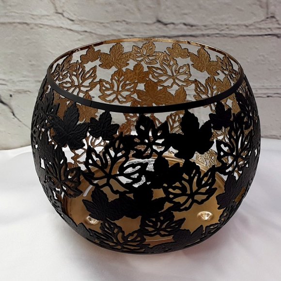 BATH & BODY WORKS FLANKED~LEAF MATTE BLACK GOLD INLAY 3~WICK CANDLE CHANDLER - Picture 1 of 16